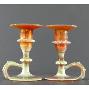 Italy, Most Probably Venice, 1950s, Pair Of Iridescent Blown Glass Candlesticks.