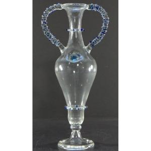 France, 1950s, Blown Glass Vase With Two Handles Added Hot.