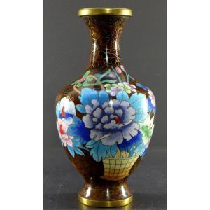China, 1950s/1960s, Cloisonné Enamel Vase On Copper, Floral Decor And Tied Ribbons.
