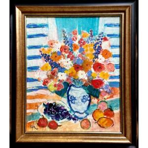 Epko Willering (1928), Bouquet Of Flowers And Fruits Painting Dating From The 1980s Ii