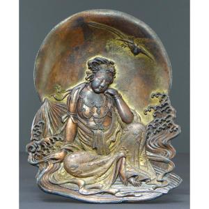 Japan, End Of The 19th Century, Golden Pewter Cup With Representation Of Kwan Yin.