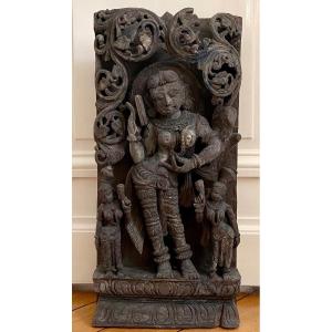 India, 19th Century, Large Chariot Panel Rich Goddess Sarasvati Decor.