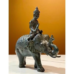 Cambodia, Mid-20th Century, Bronze Figuring A Cornac Soldier Perched On An Elephant.