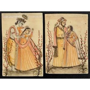 India, 19th Century, Two Paintings On Ivory Royal Or Divine Couples.