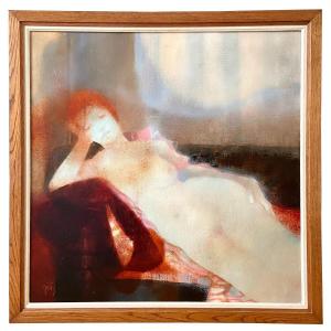 Daniel Gelis (born 1942), 1970s Painting "nude On Red Divan".