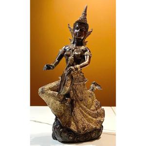 Thailand, Mid-20th Century, Bronze Musician Statue With Dark And Gold Patina.