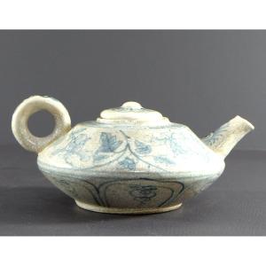 Vietnam, Mid-20th Century, Cracked Porcelain Teapot With Floral Decor In Blue.