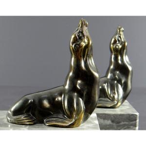 France, 1930s/1950s, Pair Of Cast Iron Art Bookends Depicting Sea Lions.
