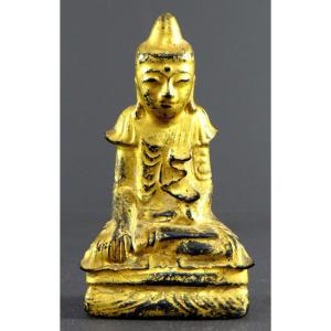 Burma, Early 20th Century, Buddha Statue In Lacquered Wood With Gold Leaf.