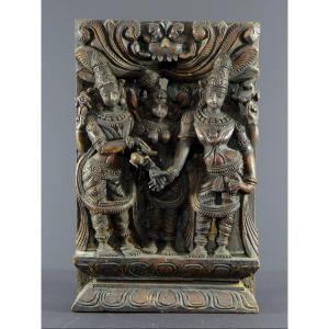 India, 20th Century, Carved Wooden Chariot Panel Representing Meenakshi's Marriage.