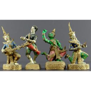 Thailand, 1930s, Four Small Painted Bronze Statuettes, Dancers And Musicians.