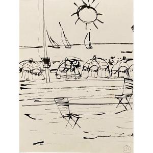 Gabriel Zendel (1906-1992), Dessin à l'Encre Noire Sur Papier "scène De Plage" Années 1970. 