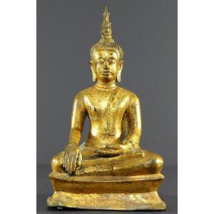 Thaïlande, Premier Tiers Du XXème Siècle, Statue De Bouddha En Bronze Doré De Style Ayuthya.