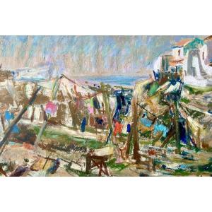 Du Janerand (Daniel), Peintre Français (1919-1990),  Pastel Village Sur La Côte Méditérannéenne.