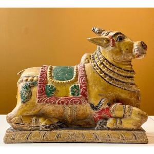 India, Early 20th Century, Polychrome Wooden Statue Figuring Nandi, Mounting Shiva.