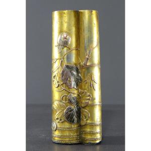 Japan, 19th Century, Scholar's Brush Holders In Golden And Silver Copper With Bird Decor.