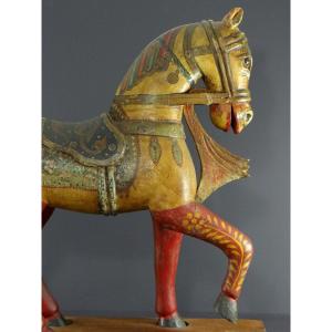 India, Early 20th Century, Polychrome Wooden Horse Made In Several Assembled Parts.