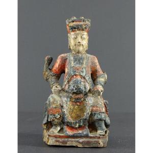 China, 17th Century, Ming Period, Polychrome Wooden Statue Representing A Seated Dignitary.