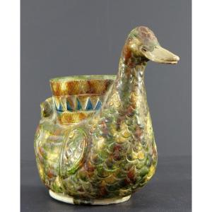 China, 18th Century Or Earlier, Glazed Incense Stick Holder Figuring A Duck.
