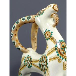 Hungary, 1960s, Ceramic Sculpture Depicting A Mouflon Decorated With Floral Decor. 