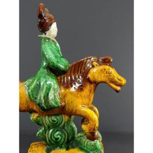 China, End Of The 18th Century, Chinese Glazed Earthen Ridge Tile Representing A Rider 
