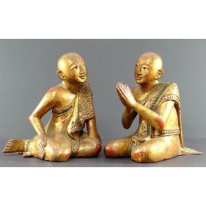 Burma, Kingdom Of Mandalay, Early 20th Century, Pair Of Adorers In Golden Wood. 