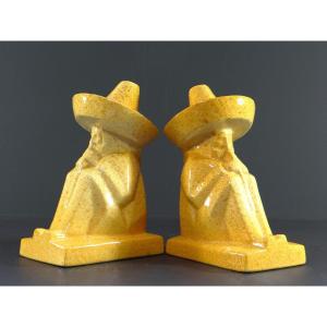 France, 1950s/1960s, Pair Of Ceramic Bookends Figuring Two Mexicans.