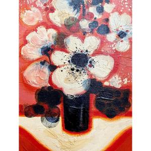 Frédéric Menguy (1927-2007),  Huile Sur Toile Des Années 1970 Titrée « Fleurs Blanches ».