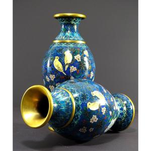 China, 1950s/1960s, Pair Of Baluster-shaped Cloisonné Enamel Vases With Floral Decoration.
