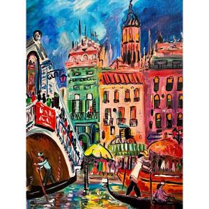 Paul Leberger (1927-2018), Huile Sur Toile Des Années 1980 Titrée « Le Pont Du Rialto – Venise"