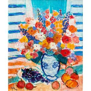Epko Willering (1928), Painting Bouquet Of Flowers And Fruits From The 1980s Ii.