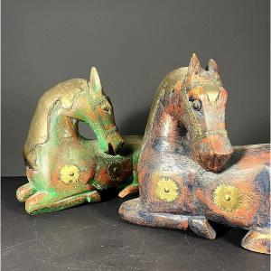 Pakistan, 1970, Pair Of Wooden Horses With Brass Inlay.
