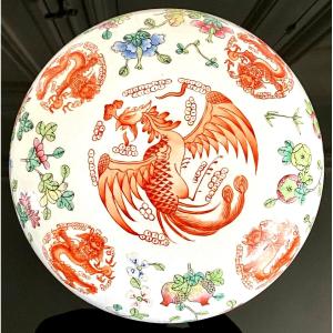 China, Mid-20th Century, Important Round Porcelain Box Decorated With Phoenixes And Dragons.