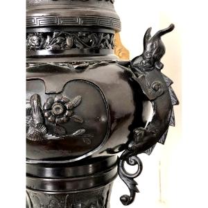 China, 19th Century, Bronze Incense Burner Decorated With Dragons And Birds.