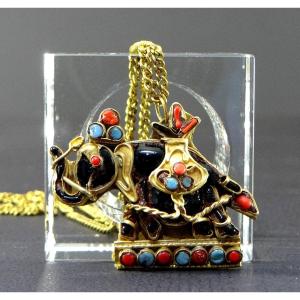 Tibet, Mid-20th Century, Gilt Brass Pendant Decorated With A Representation Of An Elephant