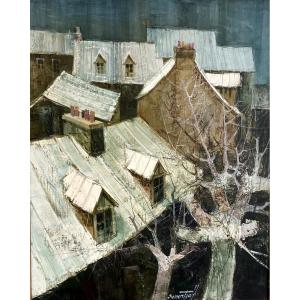 Michel SEMENTZEFF (1933-2019), Huile sur toile des années 1980 "Neige sur les toits".