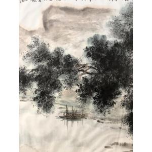 Chine, XXème Siècle, Oeuvre à l'Encre Et Lavis d'Encre Paysage De Rivière Et De Montagne.