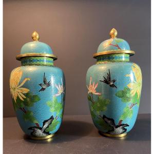 China, 1950s/1960s, Pair Of Cloisonné Enamel Pots With Floral Decoration.