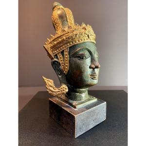 Burma, Mid-20th Century, Bronze Buddha Head On Wooden Base