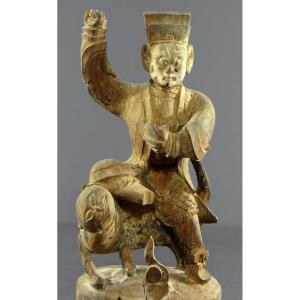 Chine, Début Du XIXème Siècle, Statue De Chao Kung Ming En Bois Sculpté.