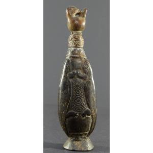 Indonesia, Timor Island, Rare Wooden Chalk (betel) Box Carved With Lizards And A Bird.