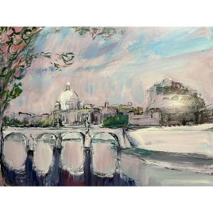 Mario Bonamici (1912–2002), Painting: View Of The Sant'angelo Bridge In Rome