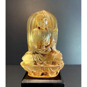 Chine Dynastie Qing, Début du XIXème siècle, Statue en verre représentant le Bouddha Akshobhya.