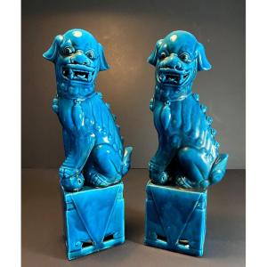 China, 1950s/1960s, Pair Of De Fo Dogs In Turquoise Blue Porcelain.