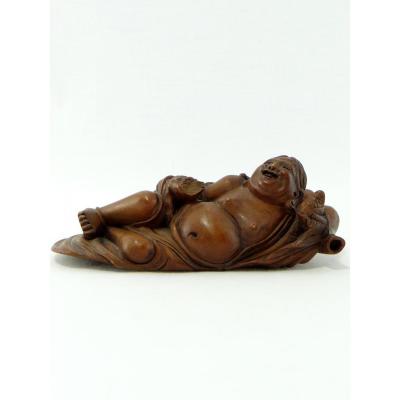 China Or Southeast Asia Nineteenth, Statuette Poet Drunk In Carved Boxwood.