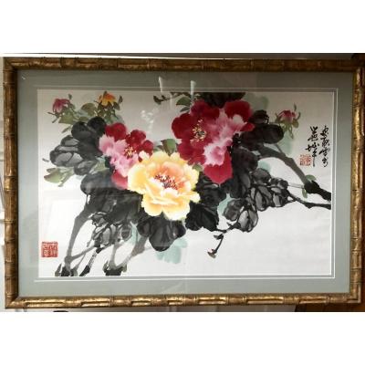 China, XXth Century, Large Watercolor Depicting Flowering Branches.