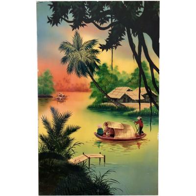 Vietnam 1950s / 1960s, Hanoi School, Large Lacquer Panel Animated Lacustrine Landscape.