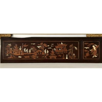 Vietnam Around 1900, Panel Inlaid With Boxwood And Ivory Decor From Animated Scenes.