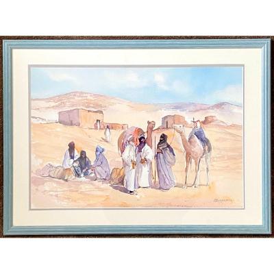 Michel Burbeau, Orientalist Watercolor Animated Scene In An Atlas Village.