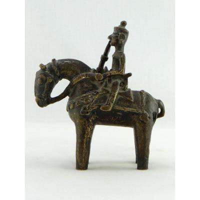 India, XIXth Century, Bronze Statuette Representing A Divinity On Horseback.